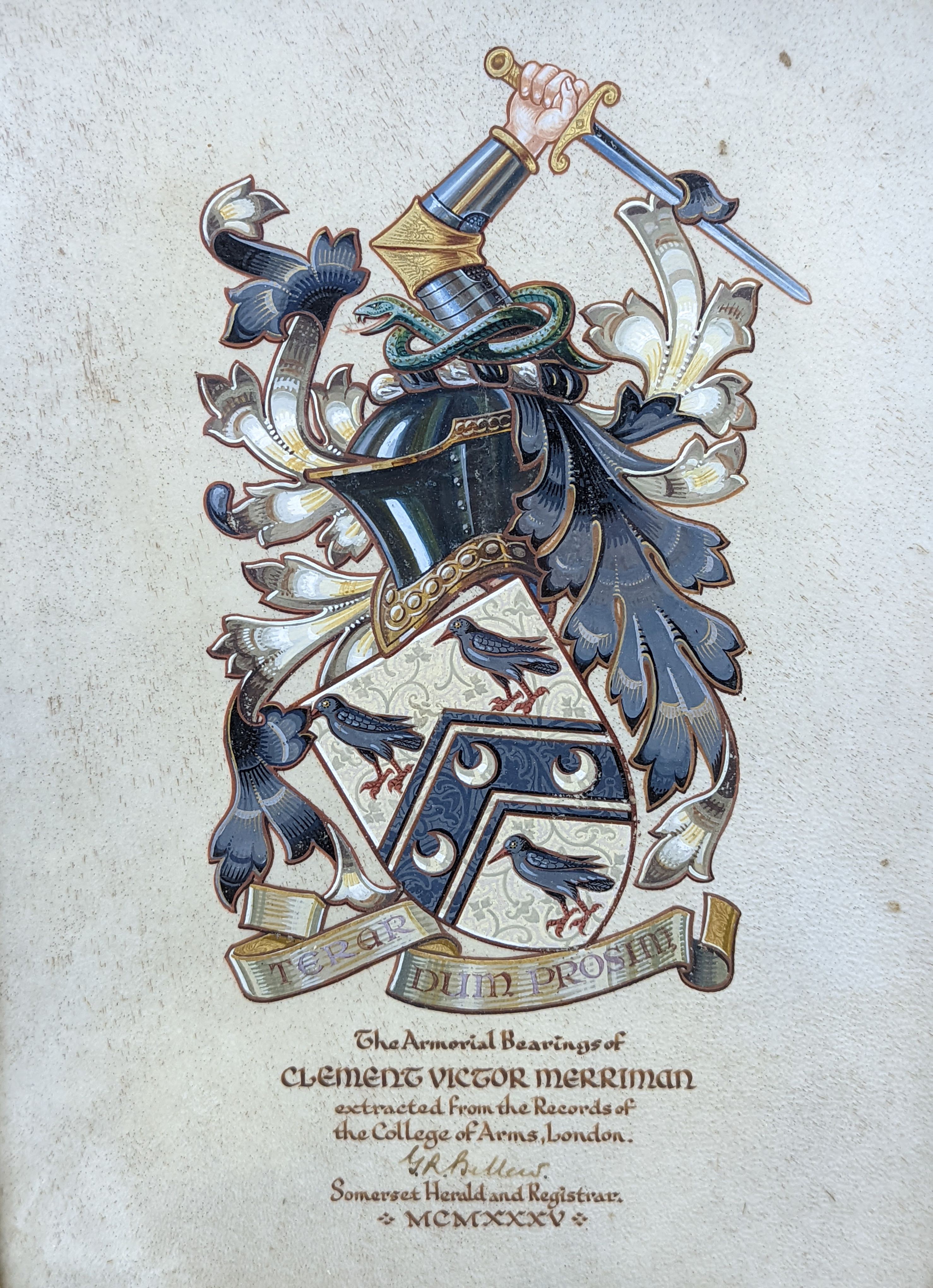 An illuminated parchment armorial, The Bearings of Clement Victor Merriman, 1935, signed by Sir George Bellew, 32 x 23cm